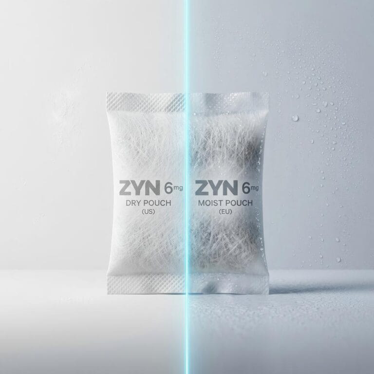 Conceptual image comparing dry US ZYN pouch vs moist EU ZYN pouch, split down the middle by a neon line.